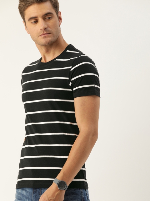 

ether Men Black & White Striped Round Neck T-shirt