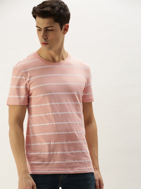 

ether Men Pink & White Striped Round Neck T-shirt