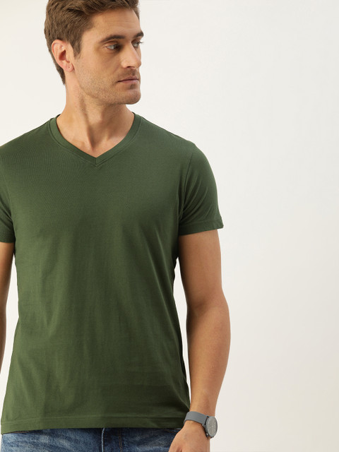 

ether Men Olive Green Solid V-Neck T-shirt
