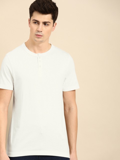 

ether Men White Solid Henley Neck T-shirt