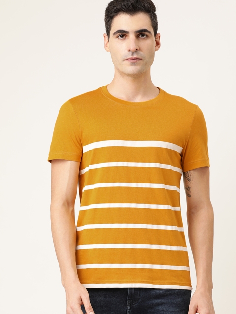 

ether Men Mustard Yellow & White Striped Round Neck T-shirt