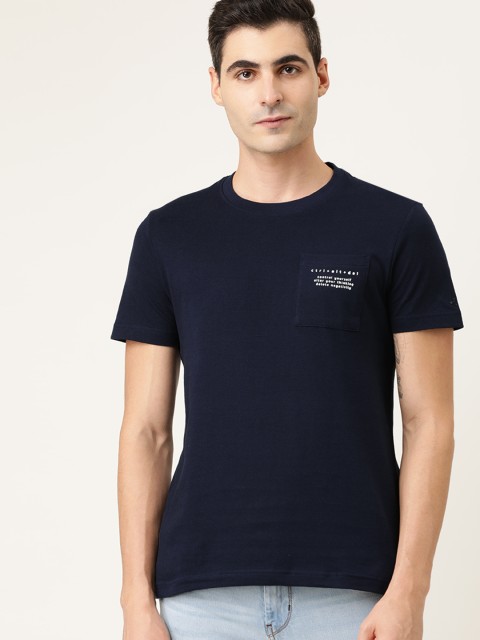 

ether Men Navy Blue Solid Round Neck T-shirt