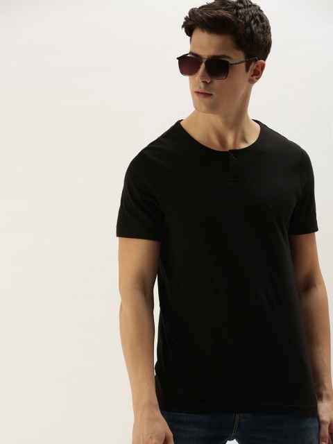 

ether Men Black Solid Henley Neck T-shirt