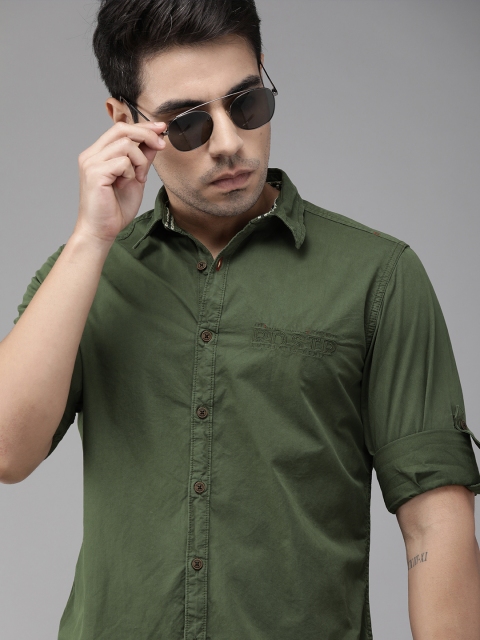 

Roadster Men Olive Green Regular Fit Solid Casual Shirt with Embroidery