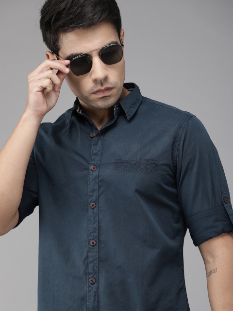

Roadster Men Navy Blue Regular Fit Solid Casual Shirt with Embroidery