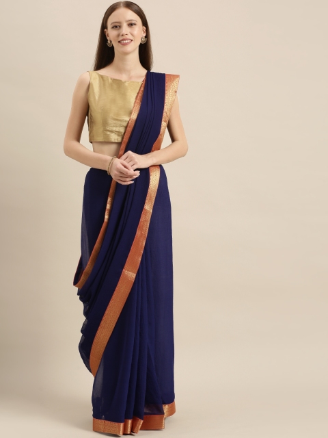

KALINI Navy Blue Solid Poly Chiffon Saree