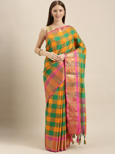 

KALINI Mustard Yellow & Green Silk Blend Checked Saree
