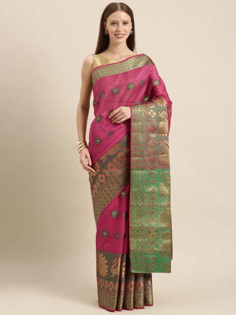 

KALINI Pink & Green Silk Blend Woven Design Banarasi Saree