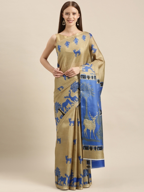 

KALINI Beige & Blue Art Silk Printed Saree