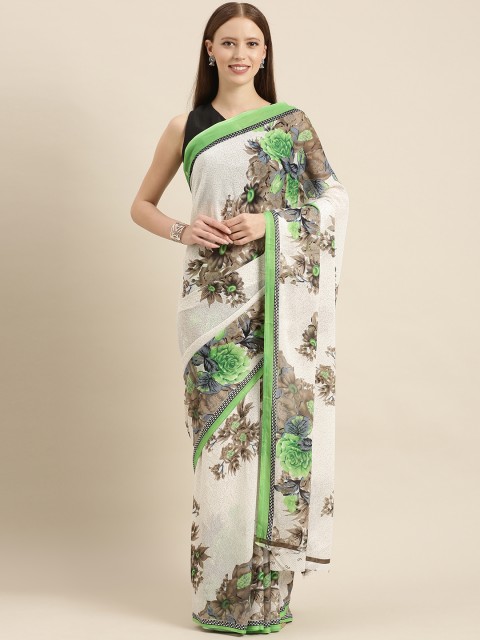 

KALINI White & Brown Poly Georgette Floral Printed Saree