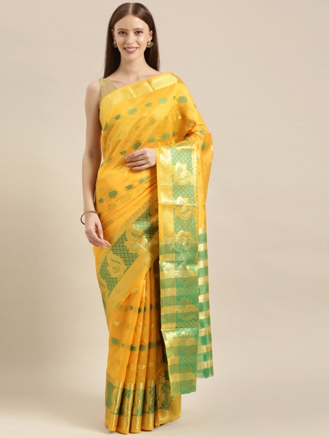 

KALINI Yellow & Green Silk Blend Woven Design Banarasi Saree
