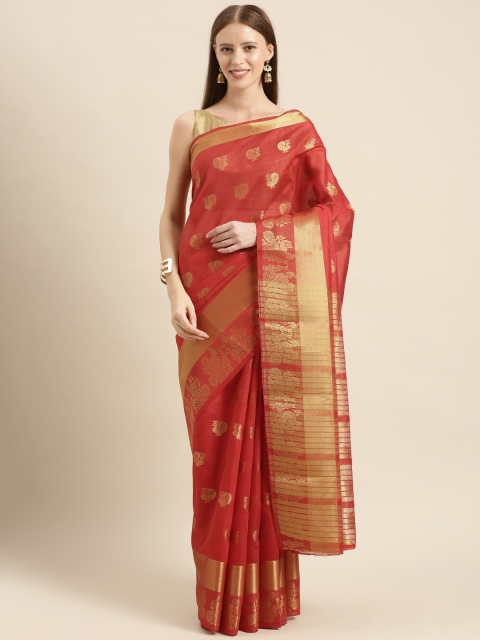 

KALINI Red & Gold-Toned Silk Blend Woven Design Chanderi Saree