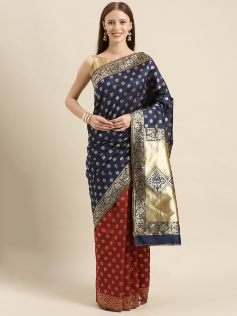 

KALINI Navy Blue & Red Poly Silk Woven Design Saree