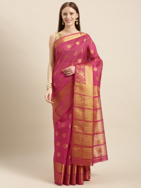 

KALINI Pink & Gold-Toned Silk Blend Woven Design Chanderi Saree