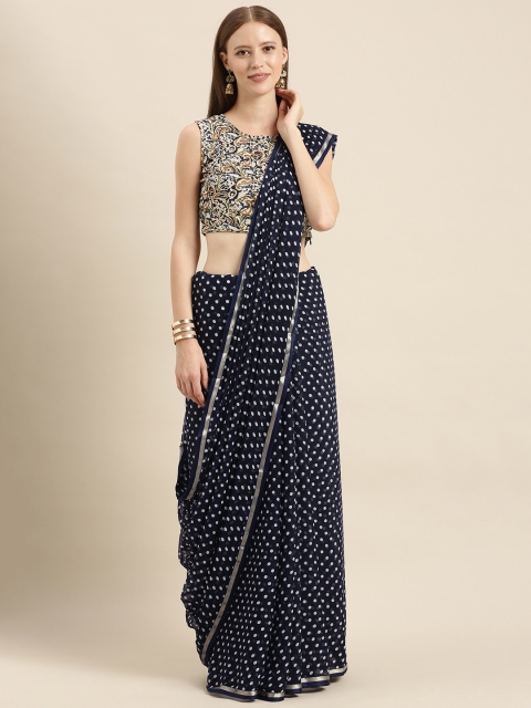 

KALINI Navy Blue & White Poly Chiffon Polka Dots Printed Saree
