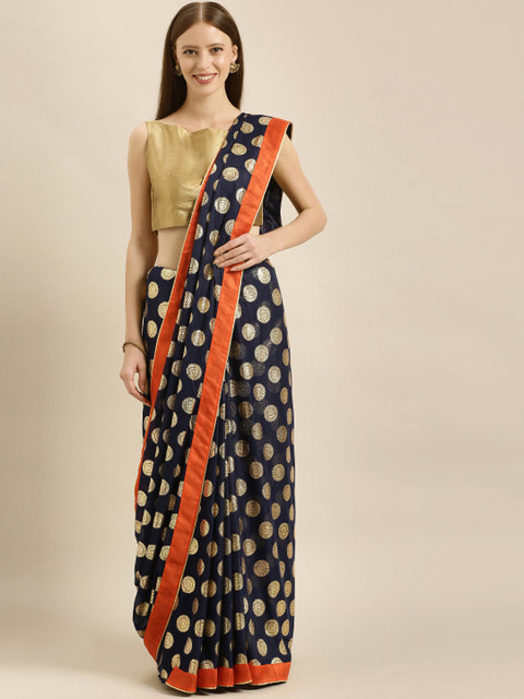 

KALINI Navy Blue & Gold-Toned Poly Silk Printed Saree