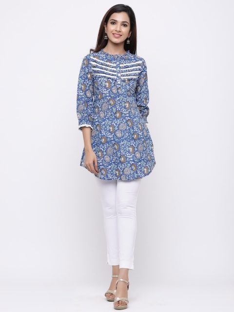 

Rain & Rainbow Women Blue Floral Pure Cotton Print Kurti