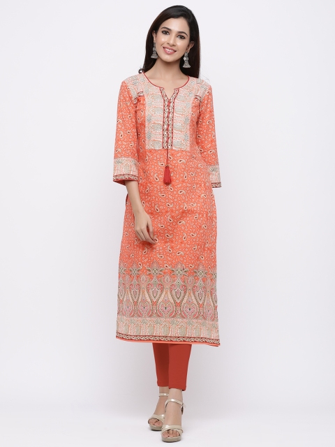 

Rain & Rainbow Women Coral Pink & Off-White Printed Straight Kurta
