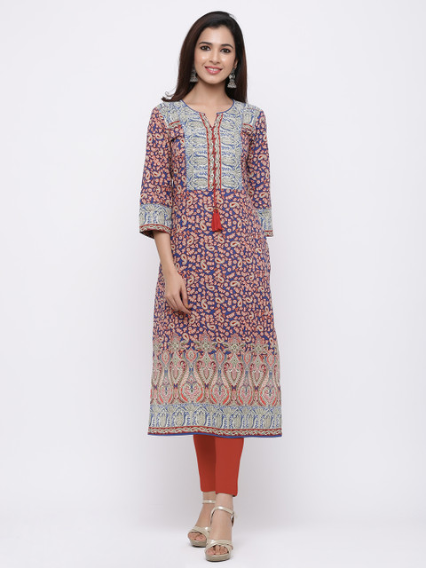 

Rain & Rainbow Women Blue & Beige Printed Straight Kurta
