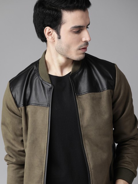 

Roadster Men Olive-Coloured Solid Bomber Jacket