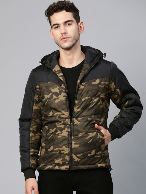 

Roadster Men Olive Green & Black Camouflage Printed Hooded Padded Jacket