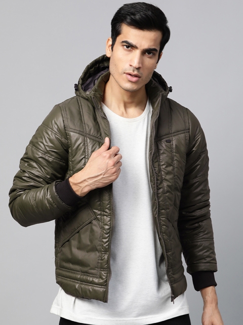 

Roadster Men Olive Green Solid Hooded Padded Jacket