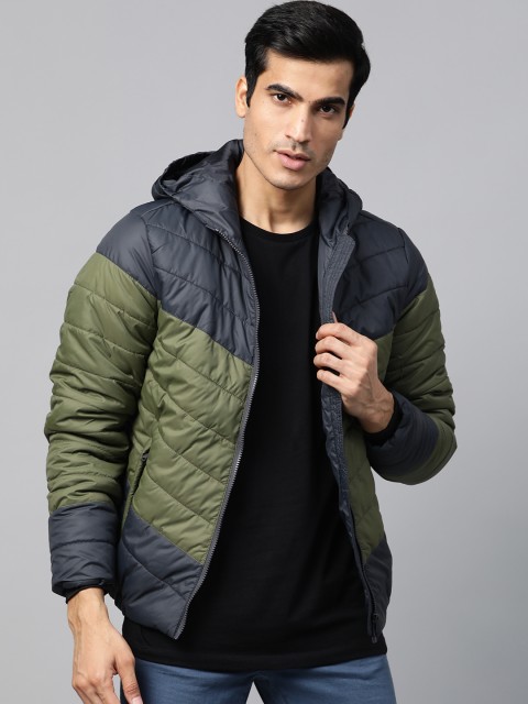 

Roadster Men Olive Green & Navy Blue Colourblocked Hooded Padded Jacket