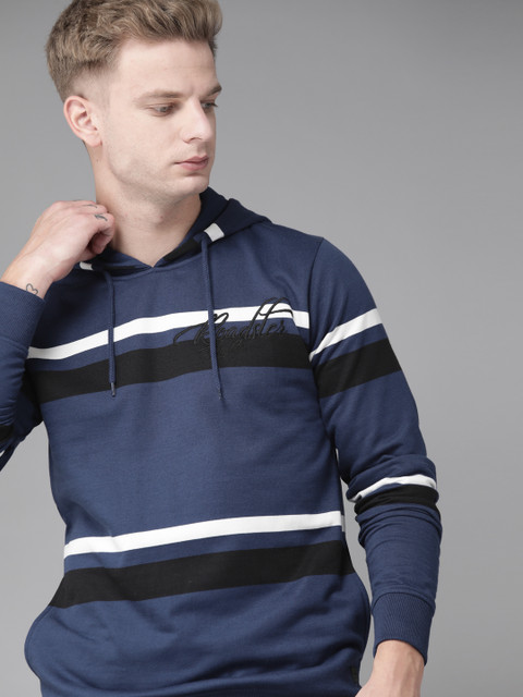 

Roadster Men Navy Blue & Black Striped Hooded Sweatshirt