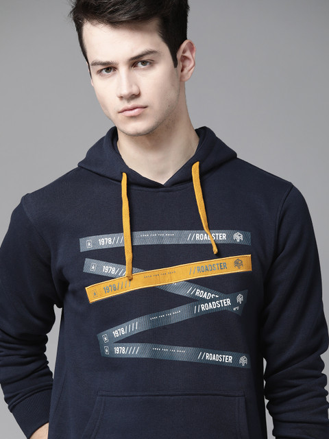 

Roadster Men Navy Blue Printed Hooded Sweatshirt