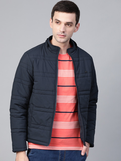 

Roadster Men Navy Blue Solid Detachable Hood Padded Jacket