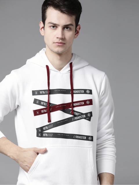 

Roadster Men White & Grey Printed Hooded Sweatshirt