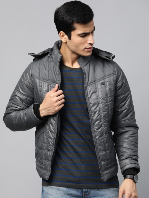 

Roadster Men Charcoal Grey Solid Hooded Padded Jacket