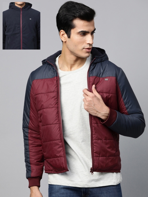 

Roadster Men Burgundy & Navy Solid Reversible Hooded Padded Jacket
