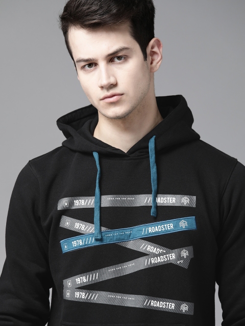 

Roadster Men Black & Grey Printed Hooded Sweatshirt