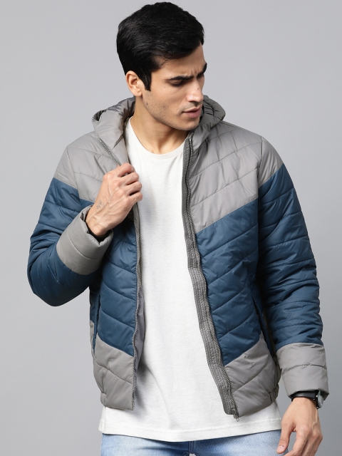 

Roadster Men Grey & Navy Blue Colourblocked Hooded Padded Jacket