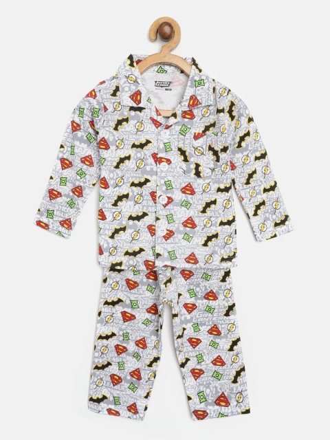 

Eteenz Boys White & Grey Superheroes Print Night suit