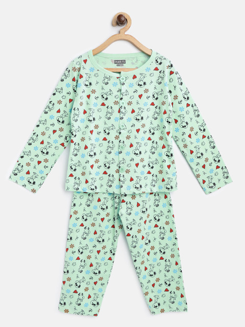 

Eteenz Girls Mint Green & Black Snoopy Print Night suit
