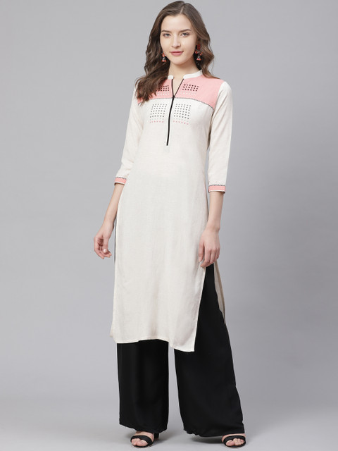 

Bani Women Off-White & Pink Embroidered Yoke Design Straight Kurta