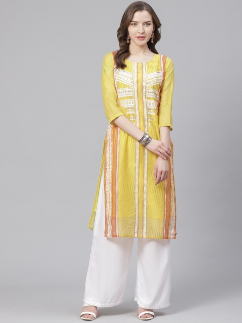 

Bani Women Yellow & Orange Sequinned Printed Straight Kurta