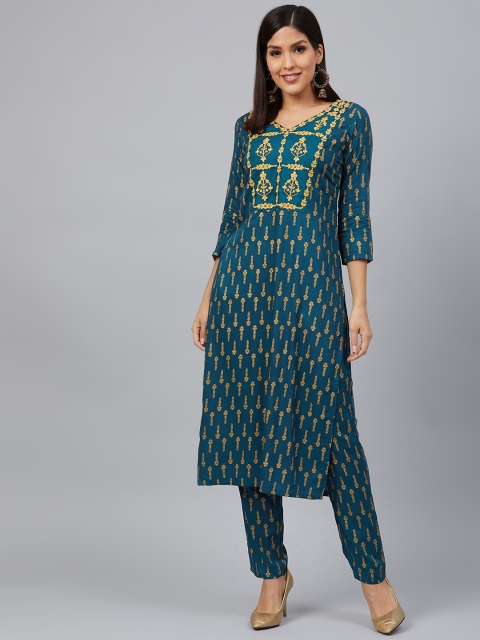 

Bani Women Women Teal Green & Golden Printed Kurta with Trousers