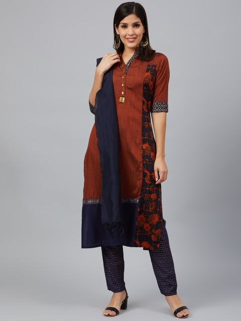 

Bani Women Women Rust Brown & Navy Blue Printed Kurti with Trousers & Dupatta