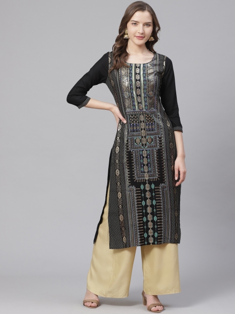 

Bani Women Black & Golden Block Printed Straight Kurta