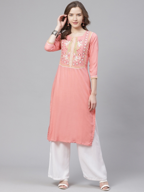 

Bani Women Peach-Coloured Embroidered Yoke Design Straight Kurta