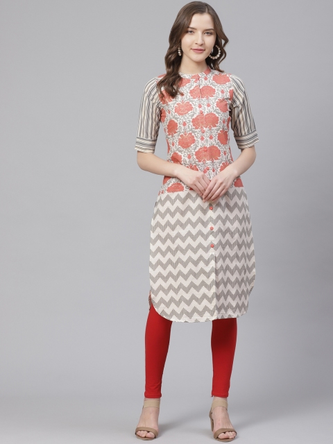 

Bani Women Off-White & Orange Floral Print Straight Kurta