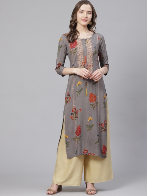 

Bani Women Grey & Red Mirror Work Embroidered Floral Printed Straight Kurta