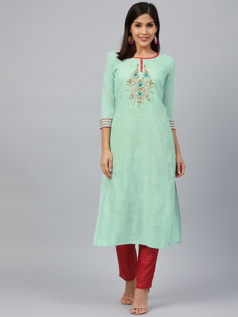 

Bani Women Women Green & Red Embroidered Detail Kurta with Trousers