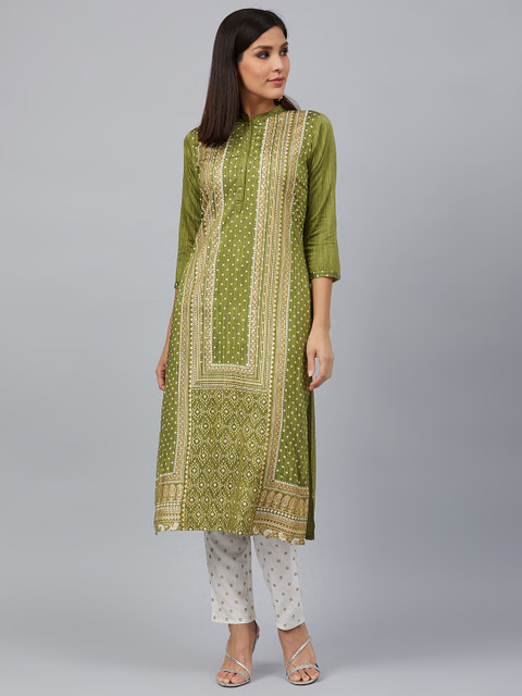 

Bani Women Women Green & White Printed Kurta with Trousers