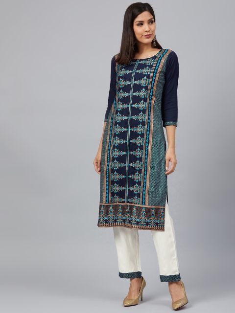 

Bani Women Women Navy Blue & White Printed Kurta with Trousers