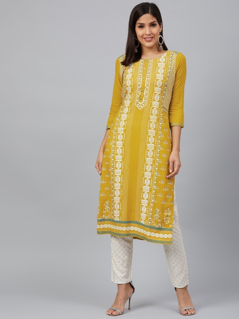 

Bani Women Women Mustard Yellow & White Printed Kurta with Trousers