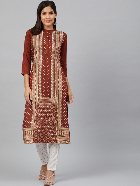 

Bani Women Women Rust Brown & White Printed Kurta with Trousers